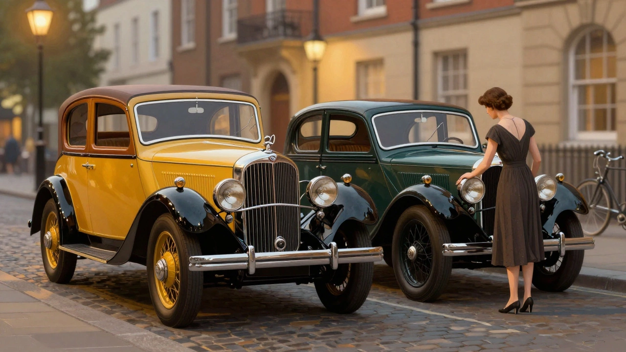 A 1935 Bentley 4½ Litre and an Austin 7 parked side by side on a British street at dusk, showing class contrast in automobiles.