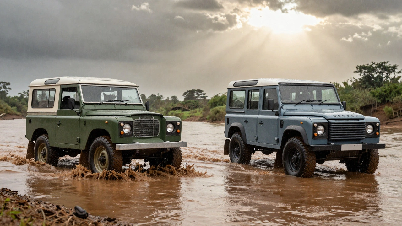 A 1958 Land Rover and modern Defender crossing the same African river side by side, mud and water splashing around them.