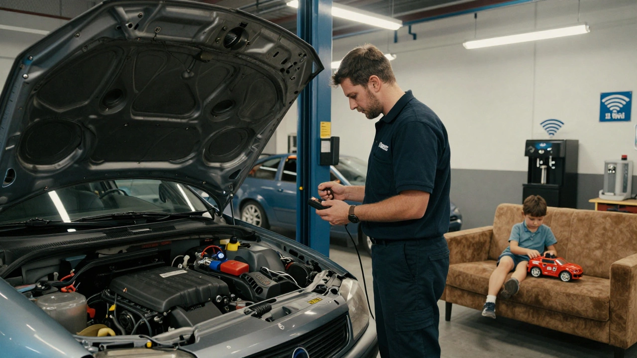 A family waits in a 1990s dealership lounge with coffee and toys while a technician diagnoses a Vauxhall Astra.