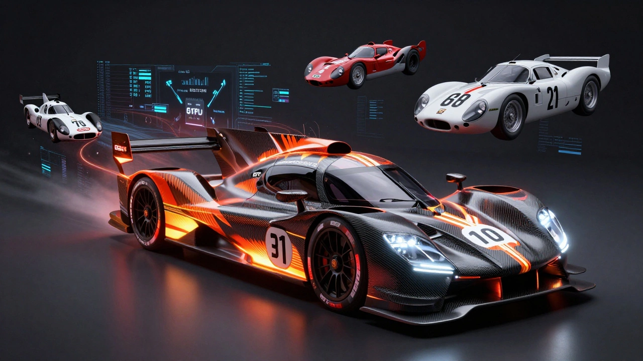 A futuristic British electric hypercar glows with thermal energy, surrounded by ghostly echoes of historic Le Mans racers, symbolizing endurance legacy.