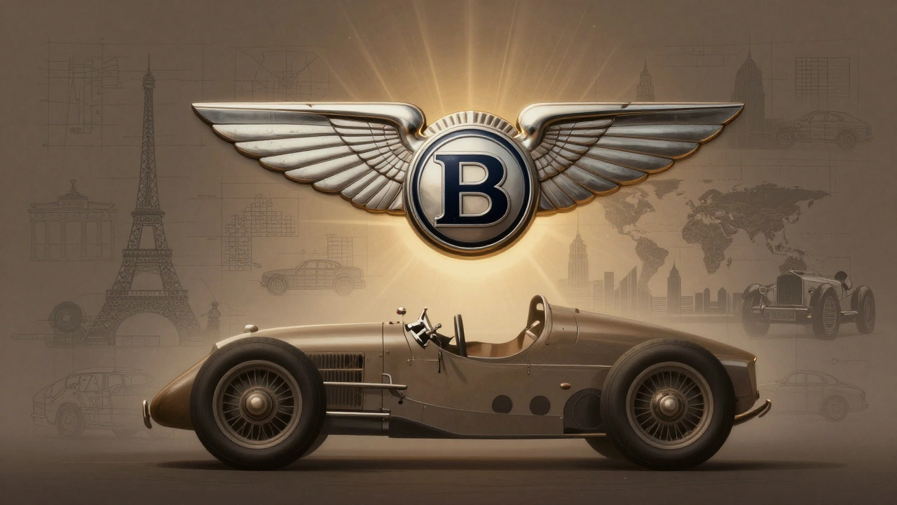 A golden winged B badge radiates light over racing tires, blueprints, and silhouettes of classic British cars.