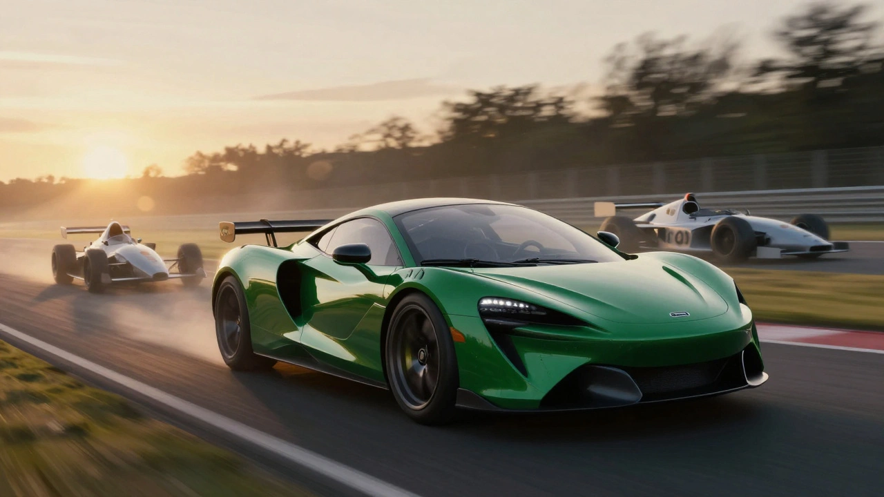 A McLaren Artura in British Racing Green glides along a racetrack at dusk, with ghostly F1 car silhouettes fading in the background.