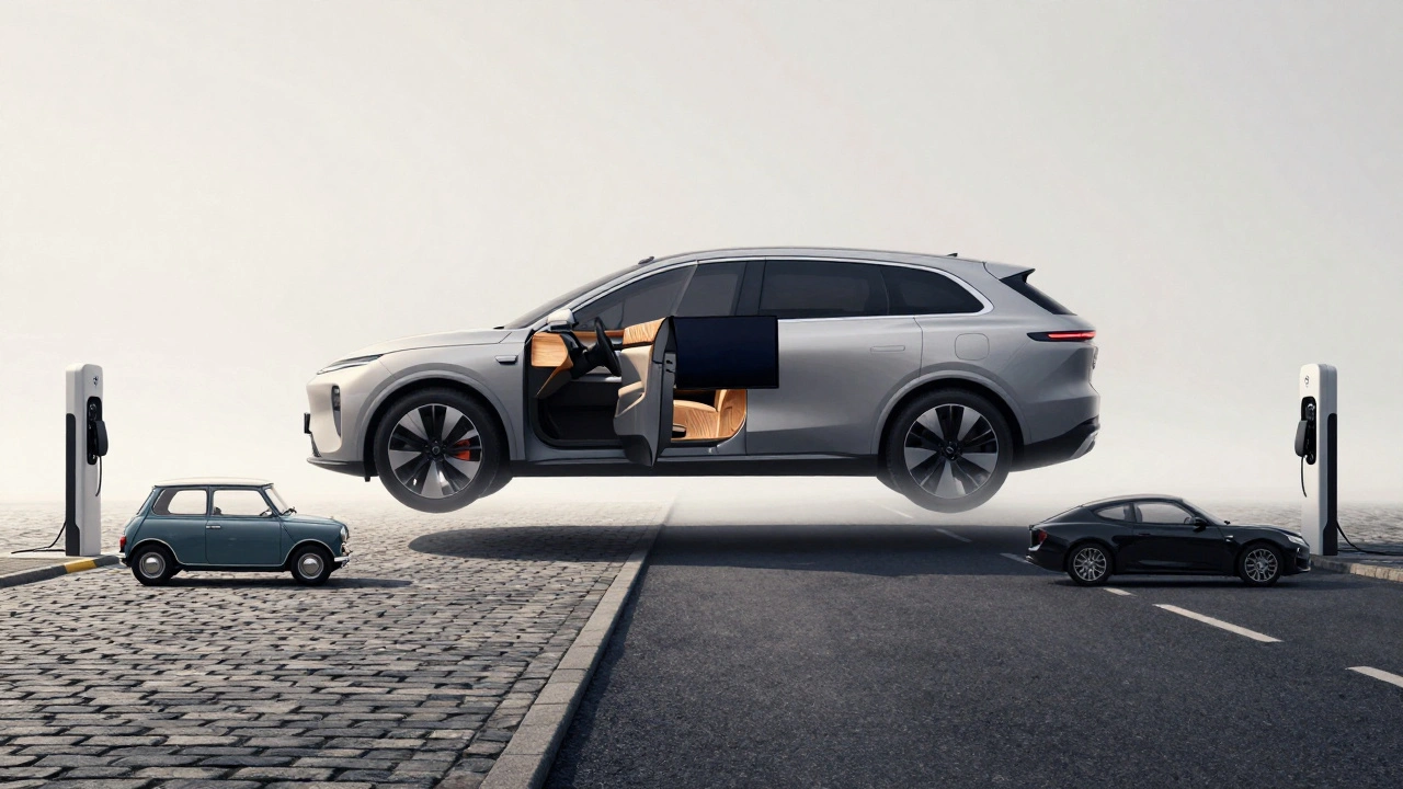 A modern electric SUV with minimalist British design elements, blending classic car silhouettes into its form.