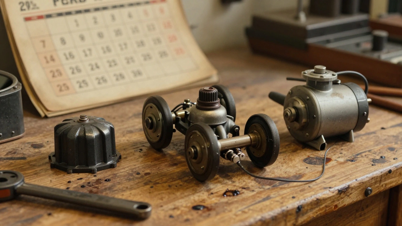 Close-up of three interwar British automotive innovations: pressurized radiator, four-wheel brakes, and electric starter on a workbench.
