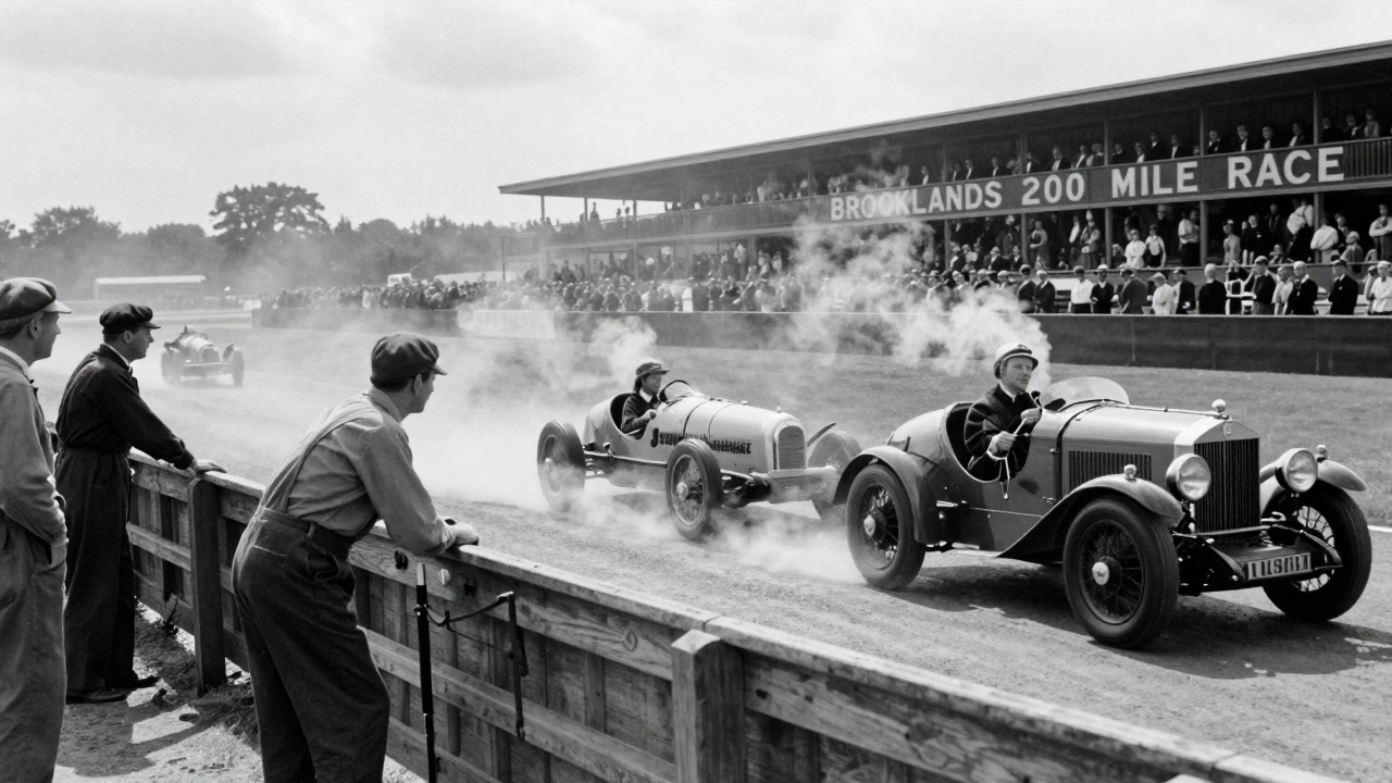 Crowds at Brooklands circuit in 1927 watching a Sunbeam car take a high-speed turn, mechanics and vintage cars in the background.