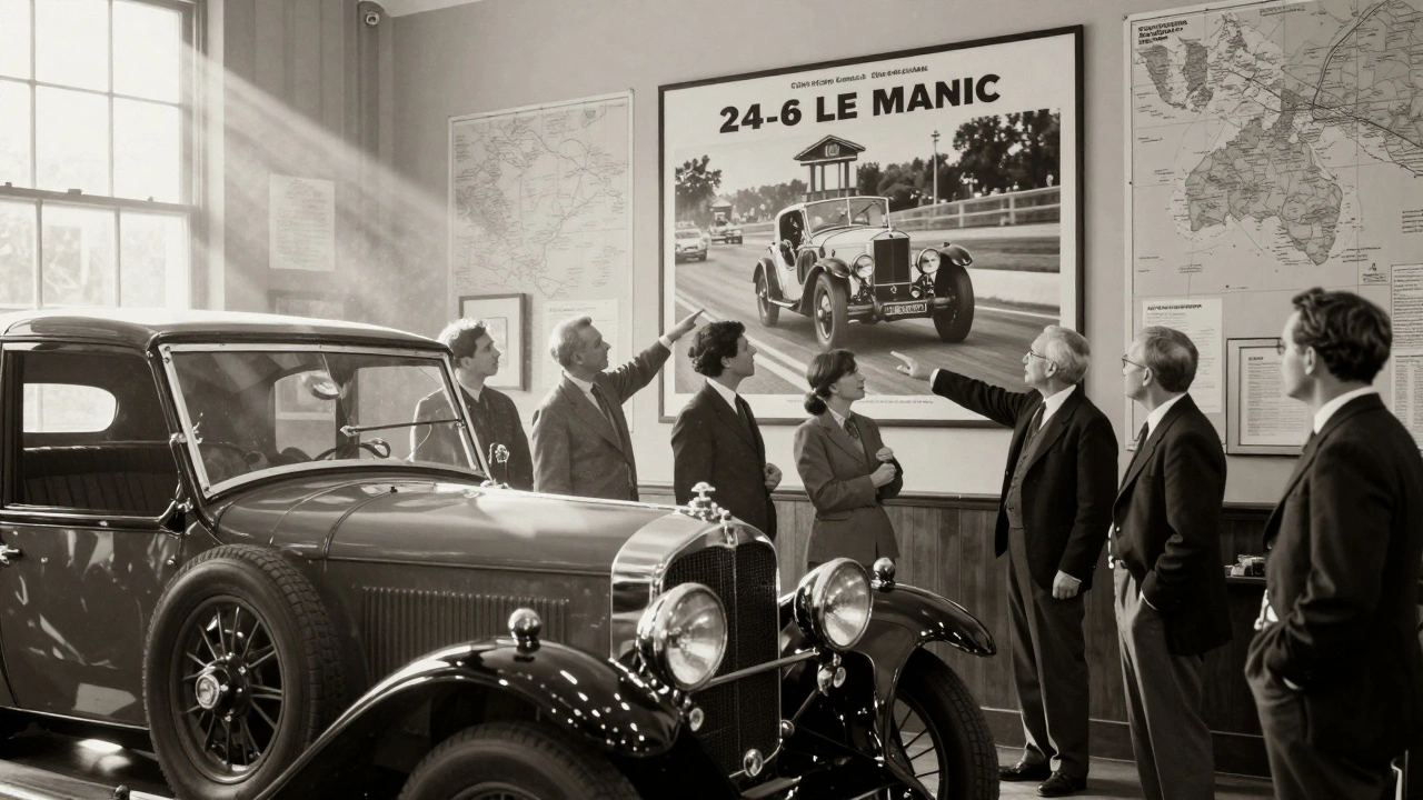 Customers in a 1920s British car dealership admire a Bentley, with export maps and race posters on the walls.