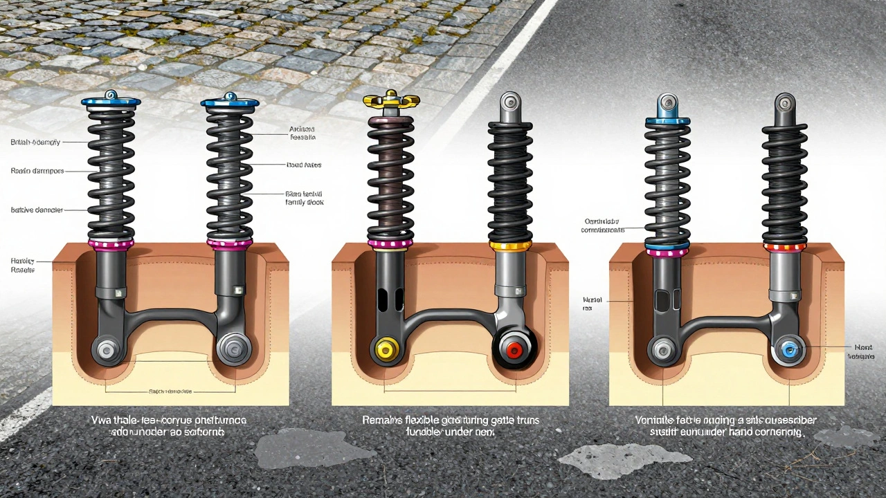 Technical diagram showing suspension components tuned for UK road conditions: springs, dampers, and anti-roll bar.