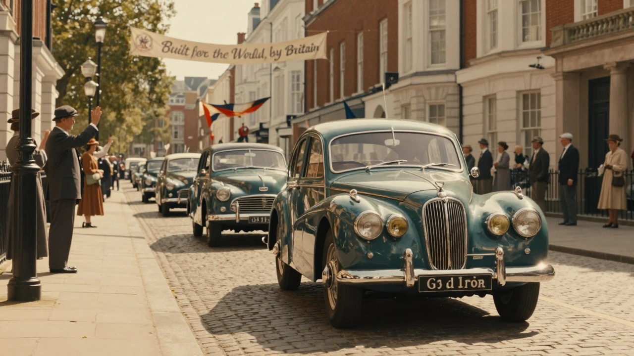 1950s British cars driving through a Commonwealth city, locals waving with pride.