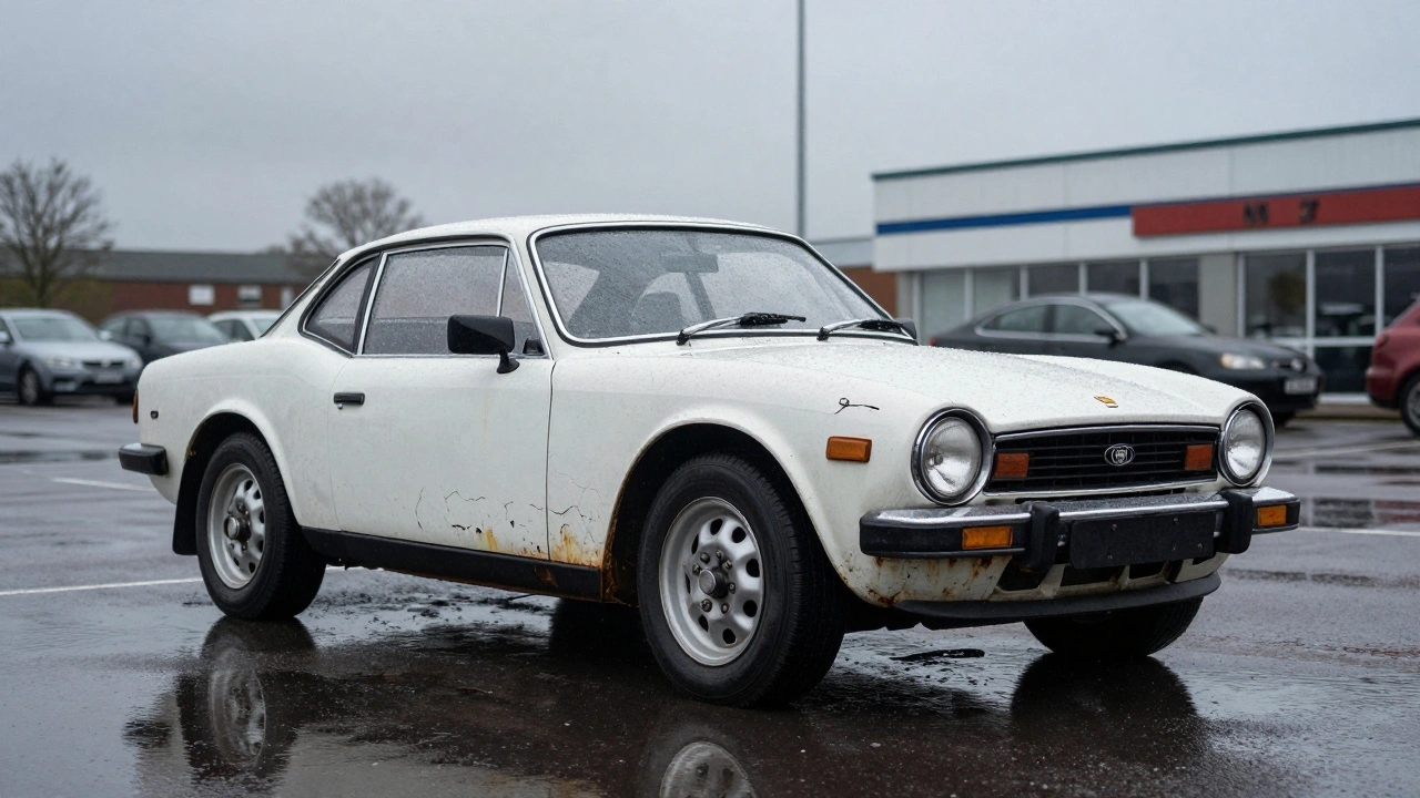 A cracked and weathered TR7 sports car alone in a rainy dealership lot, symbolizing failed engineering and neglect.