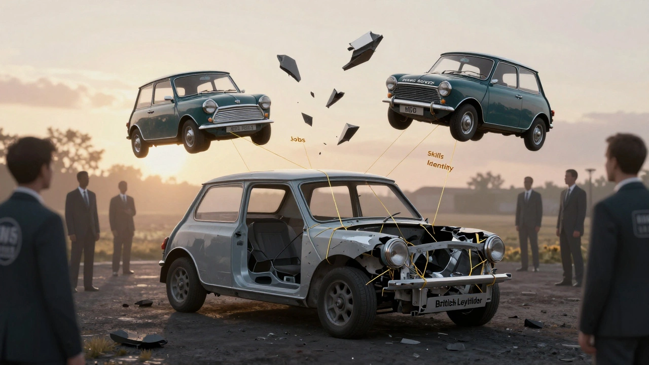 A crumbling car chassis held together by golden threads labeled 'Jobs,' 'Skills,' and 'Identity,' with iconic models floating above.