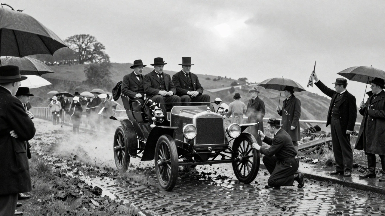 A Daimler car climbing a muddy hill during the 1900 London to Brighton Run, with spectators watching in the rain.