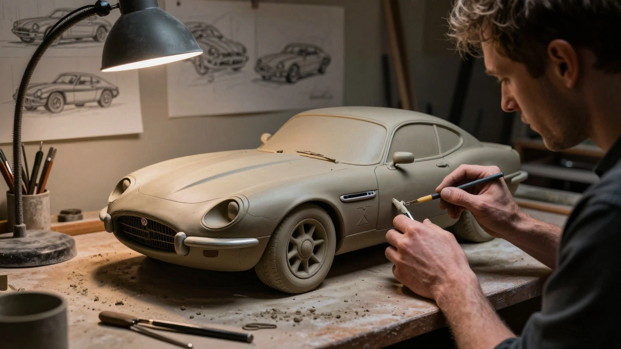 A designer's hands shaping clay for a Jaguar S-Type, refining its flow line under focused studio light.