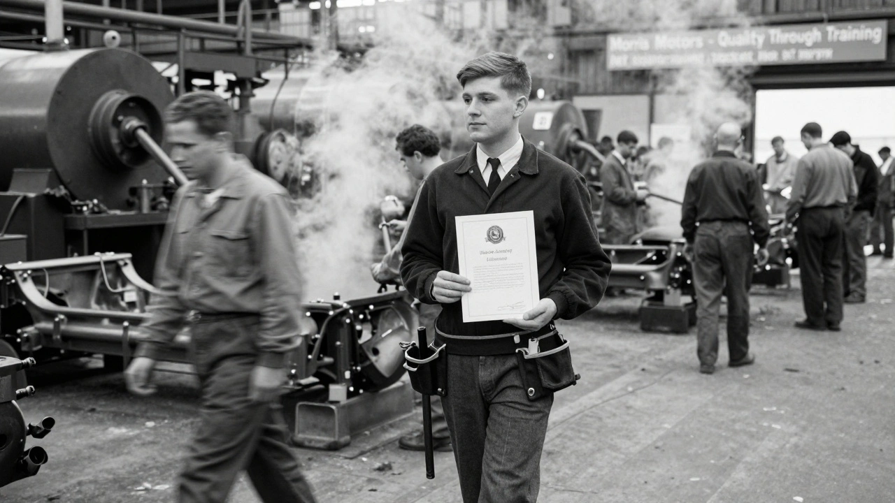 A graduate walking through a Daimler factory with a certificate, surrounded by workers assembling car chassis.