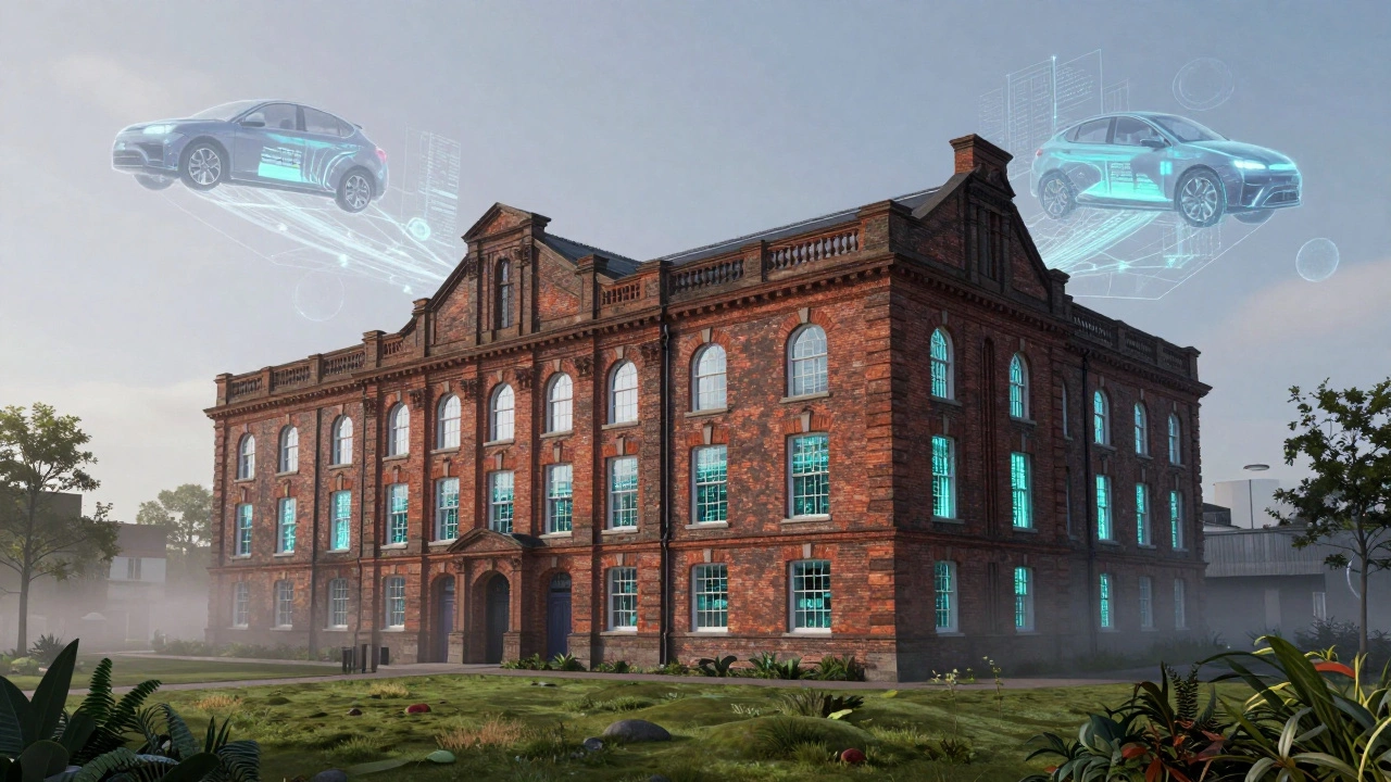 A historic brick factory building with glowing windows and digital vehicle projections.