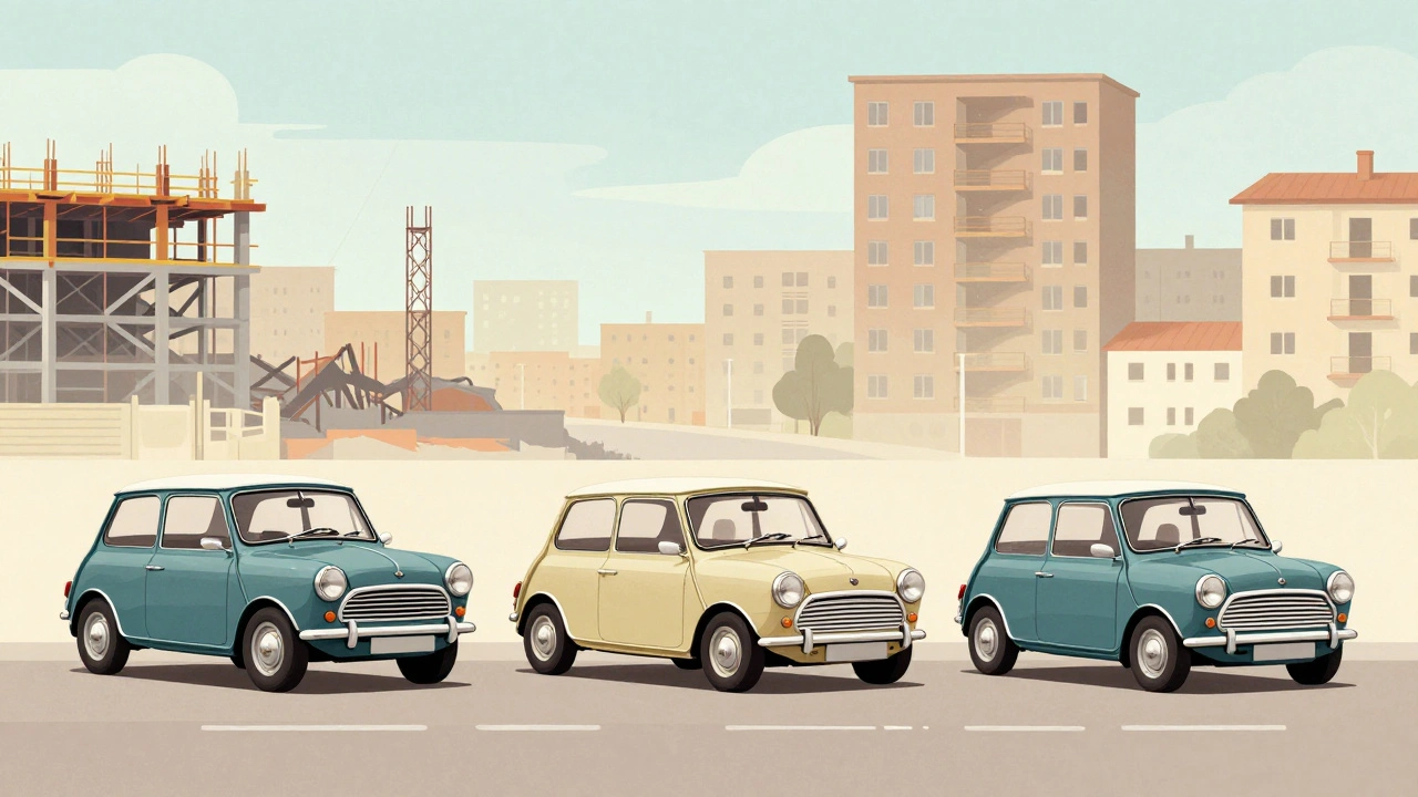 A horizontal illustration showing the evolution from Austin 7 to Morris Minor to Mini, highlighting shared compact design.