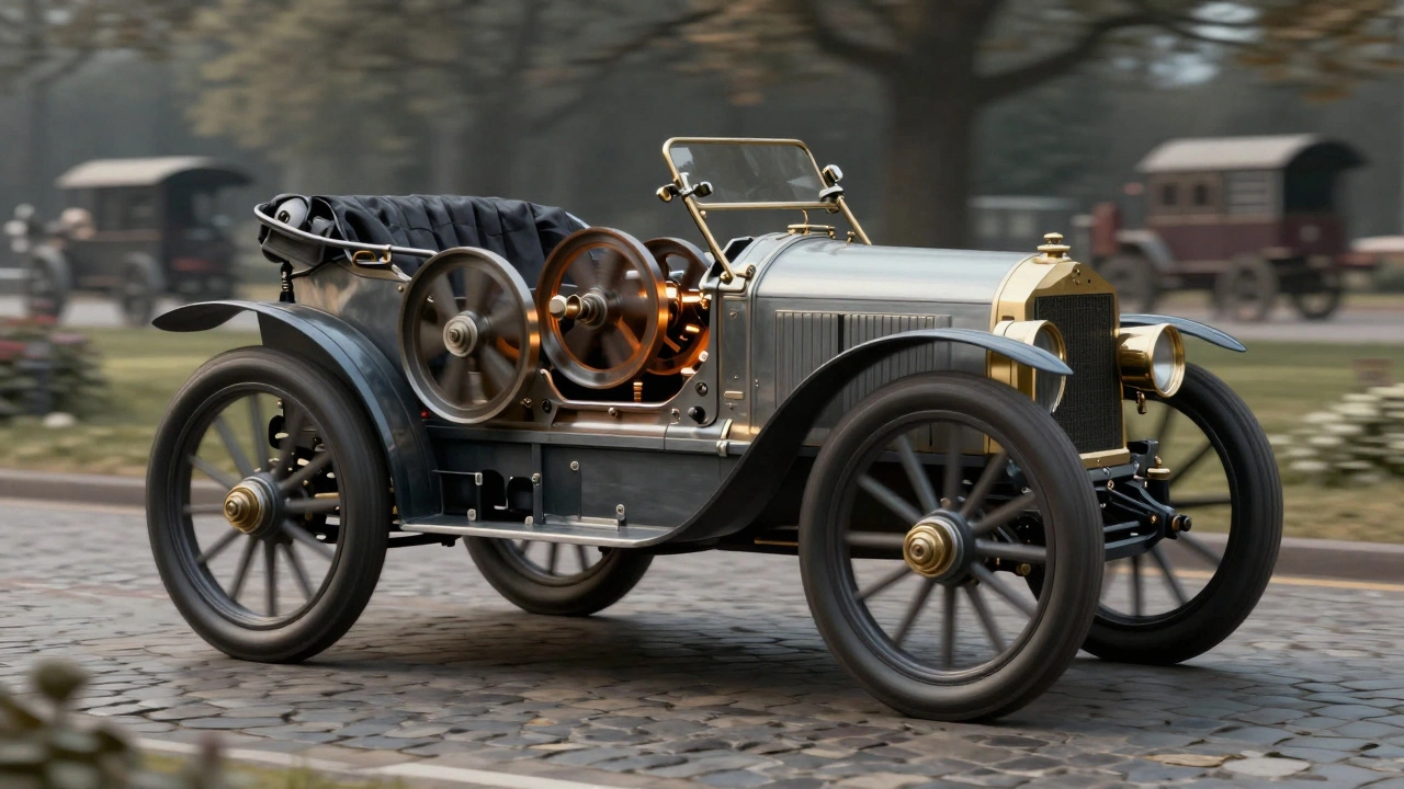 A Lanchester car's balanced crankshaft in cross-section, showing counterweights smoothing engine vibration.