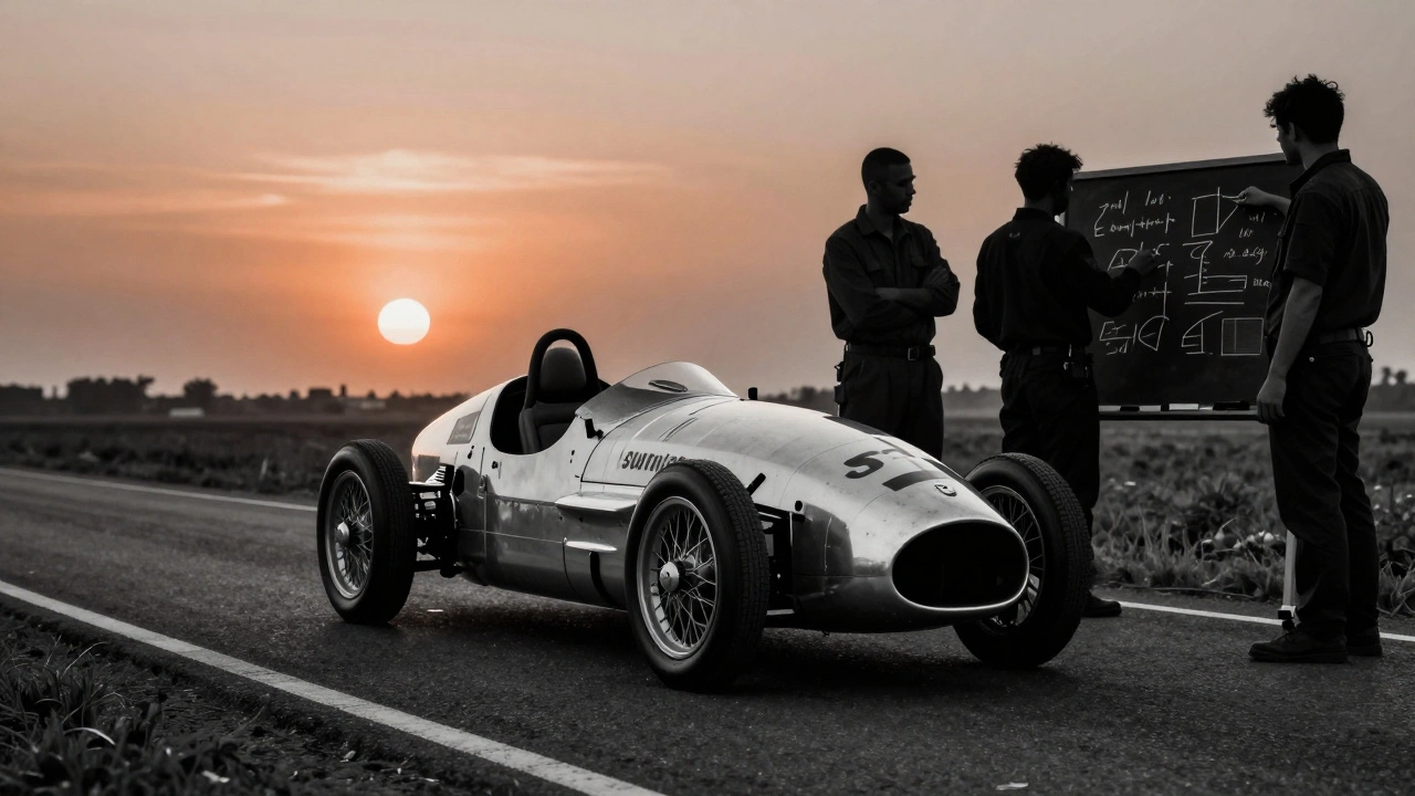 A lightweight Sunbeam 'Tin Can' race car at sunset on an empty road, with engineers nearby studying data on a chalkboard.