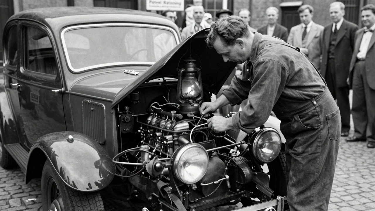 A mechanic repairing a Morris Minor on a cobblestone street with simple tools, surrounded by onlookers.