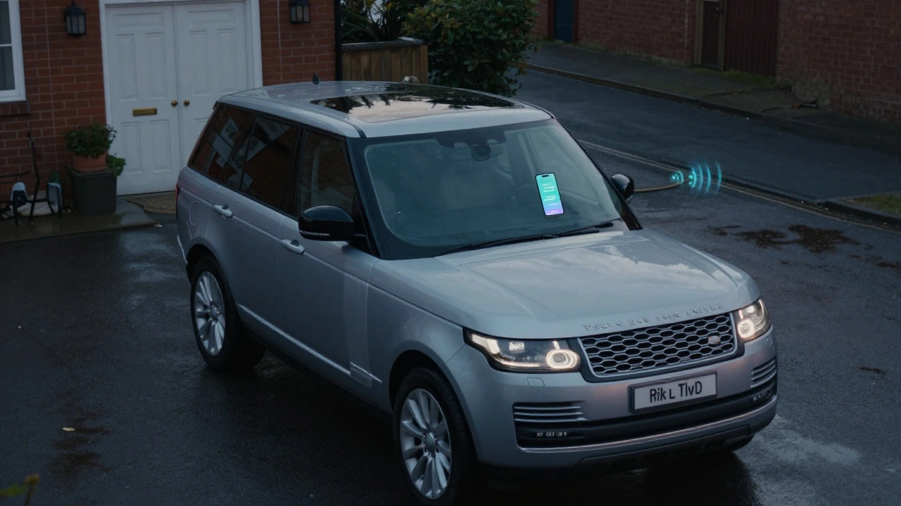 A Range Rover receives an over-the-air software update, with a notification glowing on the owner's smartphone.
