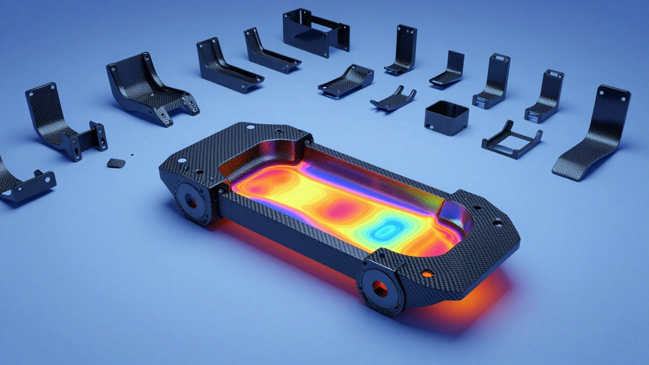 A redesigned carbon fiber component glows with heat-map data, while 47 previous failed versions lie shattered behind it.