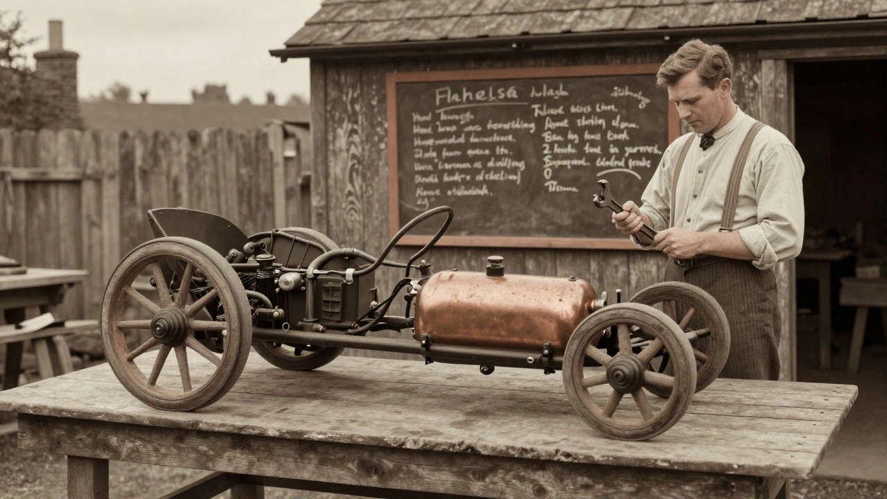 A Stephens kit car disassembled on a table, with a man holding a wrench, surrounded by parts.