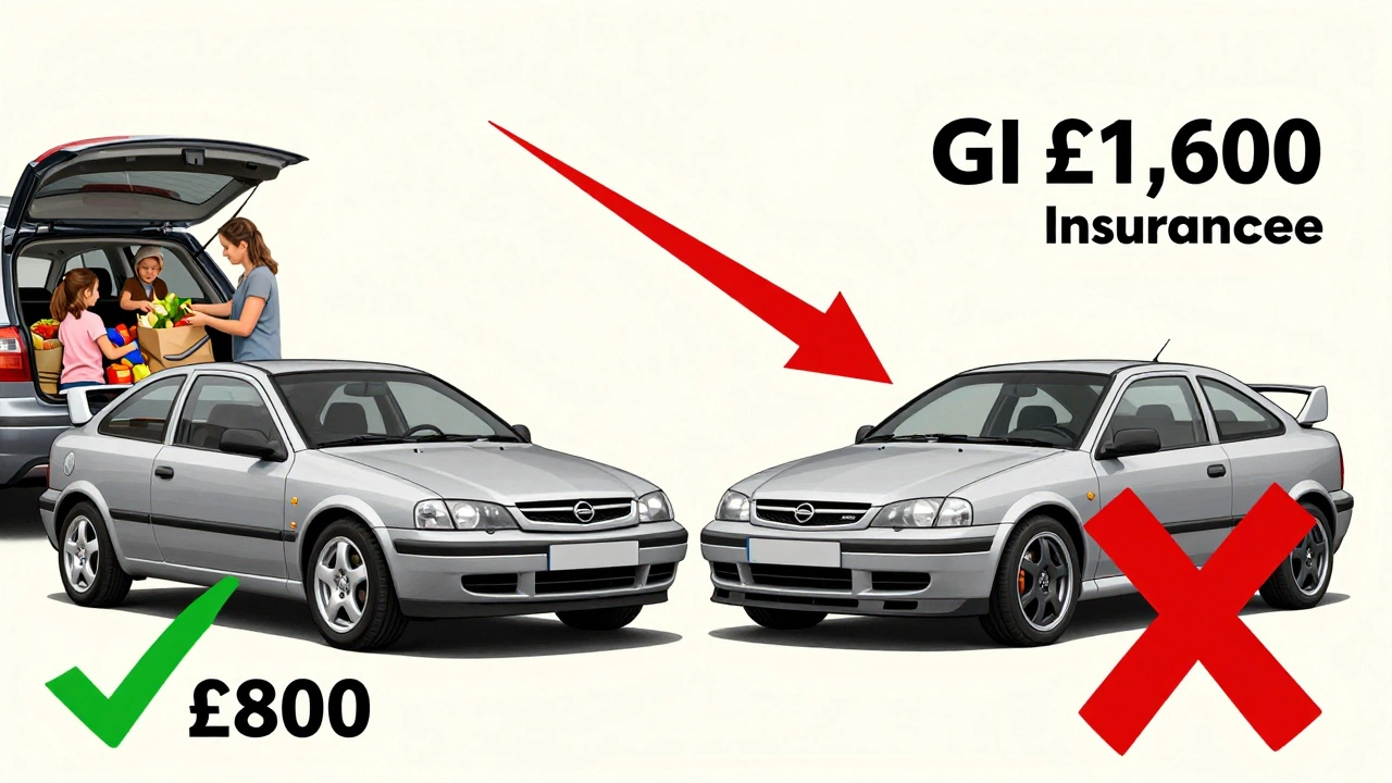 A Vauxhall Astra base model compared to its sporty GSi version with insurance cost labels.