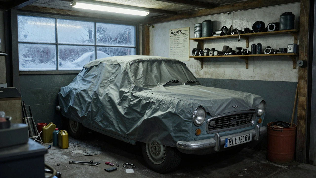 A winter garage with a Reliant Robin covered by a tarp, tools, and a handwritten service log on the wall.