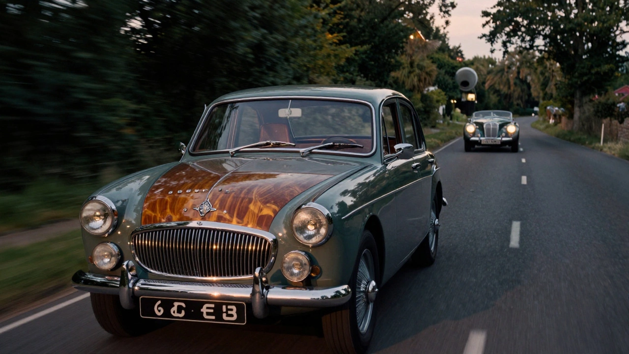A Wolseley 16/45 sedan glides down a country lane at dusk, its wooden dashboard glowing softly in the fading light.