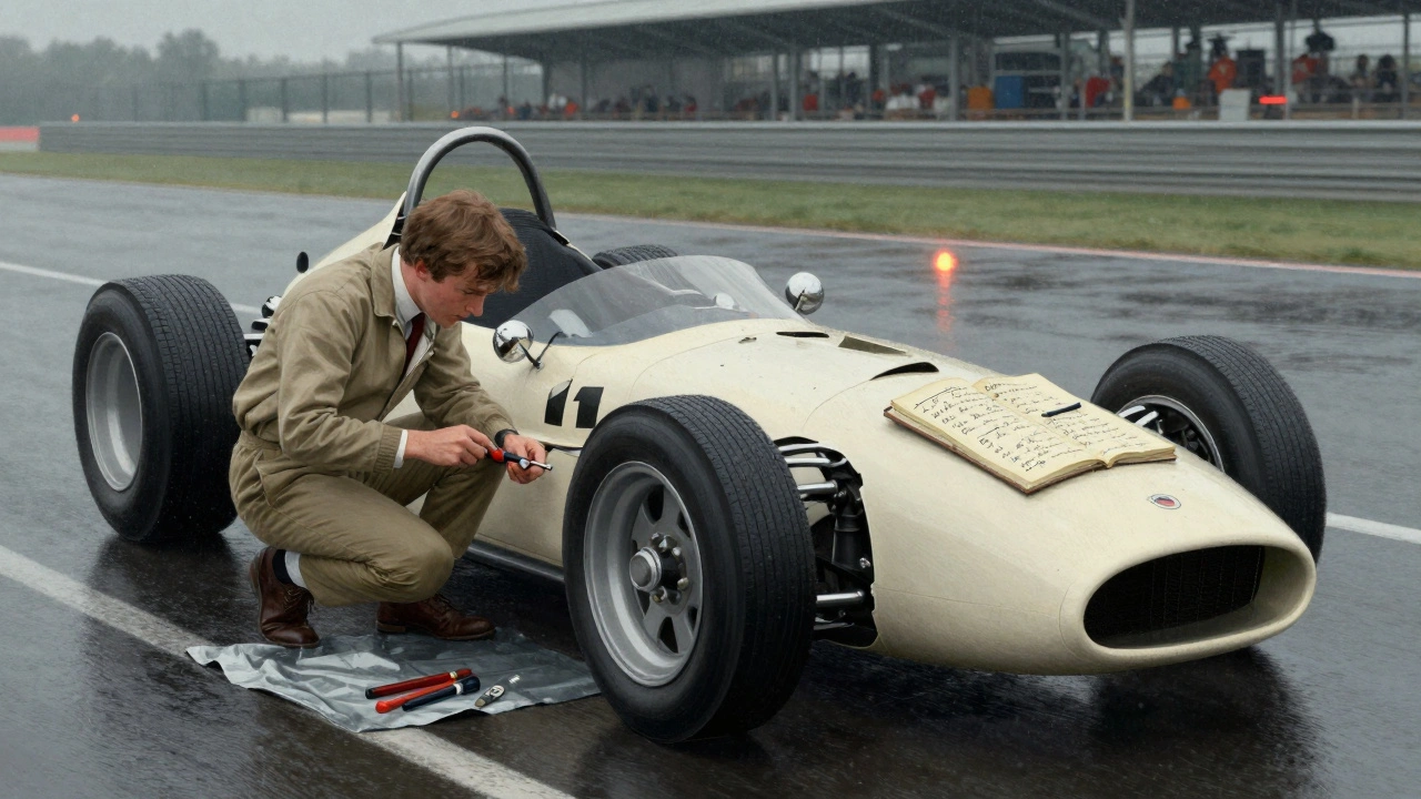A young driver in the 1970s repairing a broken suspension on his Lotus 59 with a screwdriver during a parade lap at Silverstone.