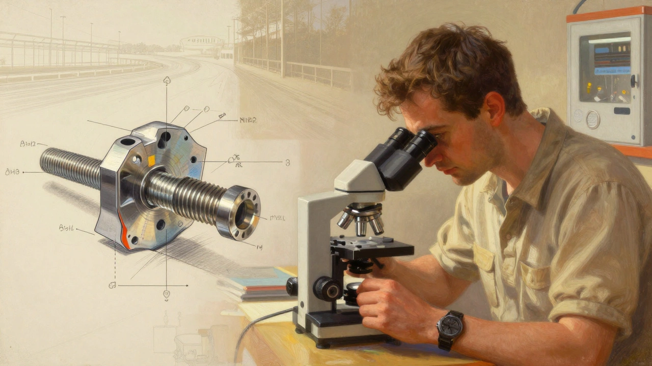 An engineer examines a fractured bolt under a microscope, surrounded by diagrams of failure patterns in a precision workshop.
