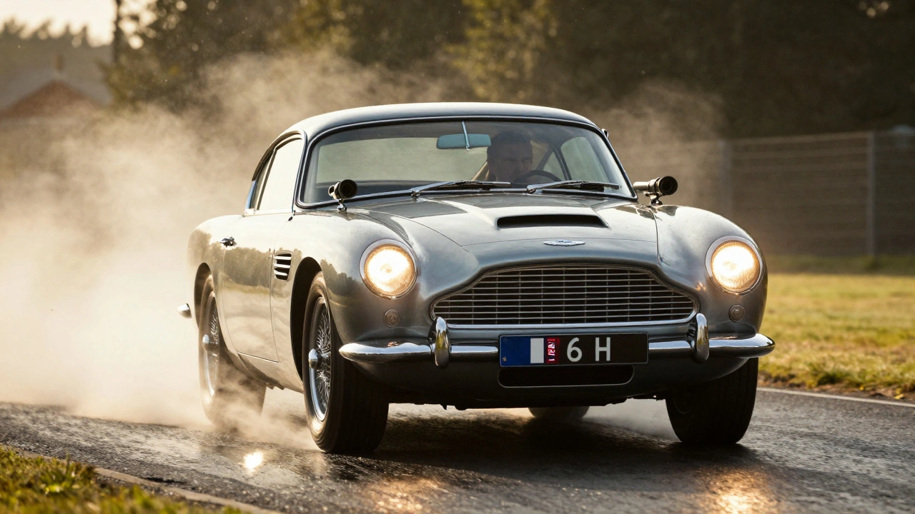 Aston Martin DB5 in motion during a chase, machine guns firing, oil slick spreading, license plates rotating, smoke trailing behind.