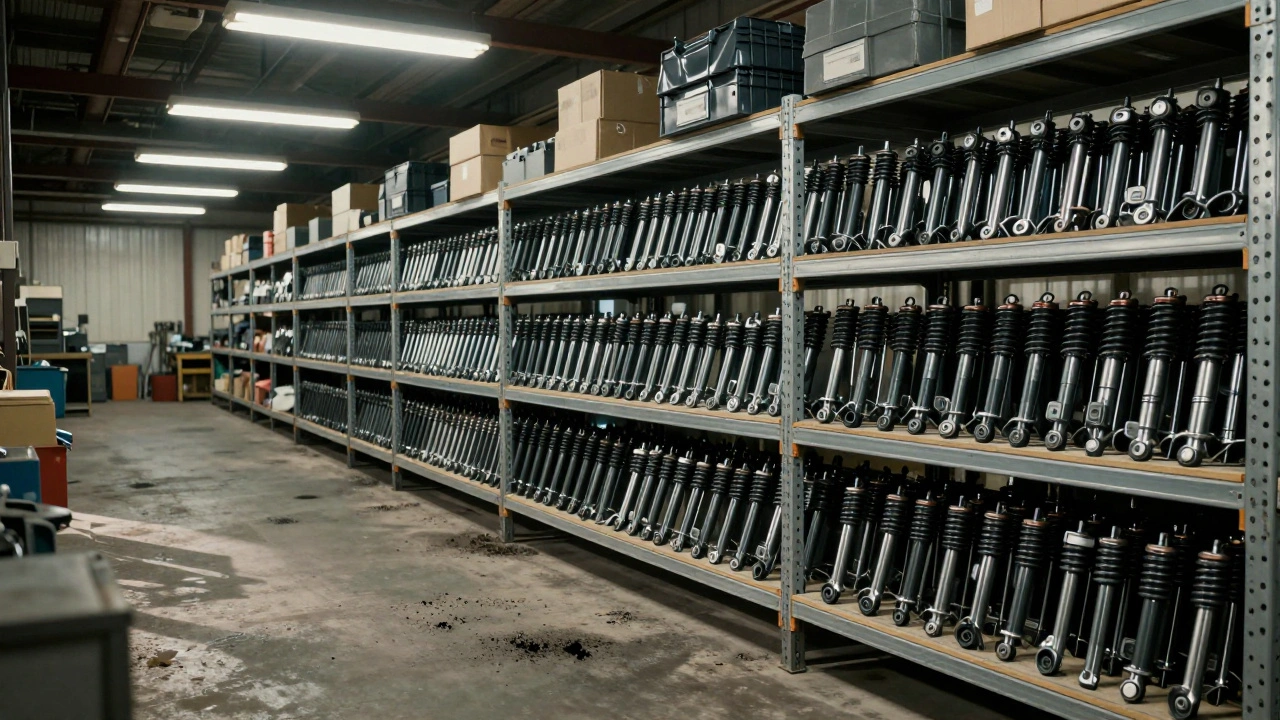 Automotive supply warehouse with shelves holding standardized mechanical parts