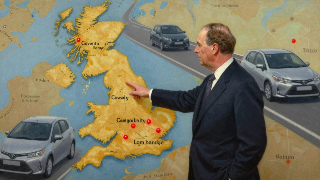 Chancellor Denis Healey pointing to British Leyland factories on a map, while Japanese cars pass in the background.