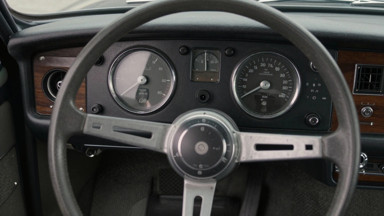 Classic British car instrument cluster with chrome gauges and black paneling.