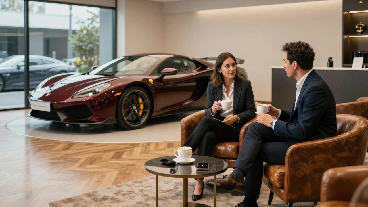 Client consulting with dealer near luxury sports car showroom