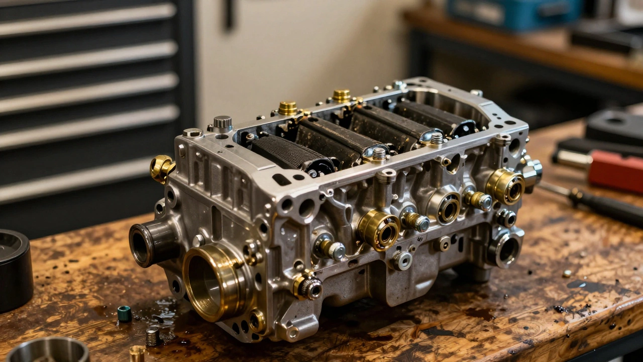 Close up macro view of a metallic engine block on a wooden workbench