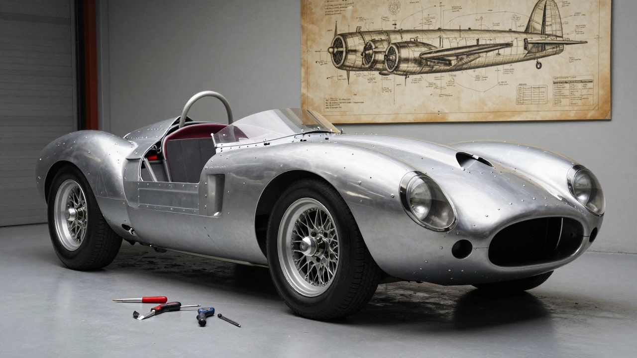 Close-up of Jaguar C-Type's exposed aluminum monocoque chassis with aircraft-grade components and tools.