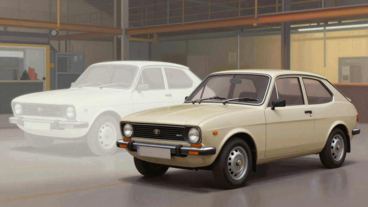 Concept art comparing a large vintage sedan to a compact hatchback.
