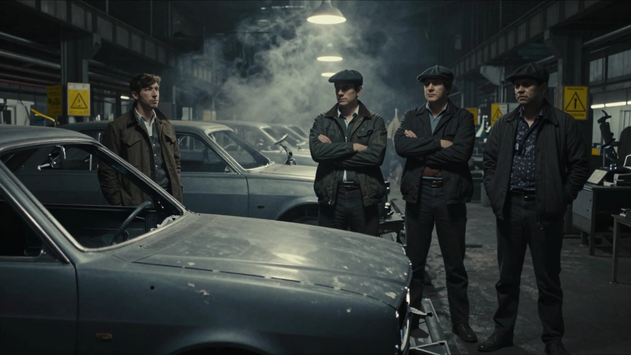 Dim industrial factory interior with striking workers and stopped machinery