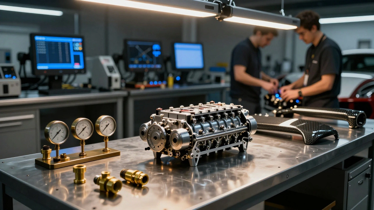 Electric battery pack beside vintage mechanical parts on bench