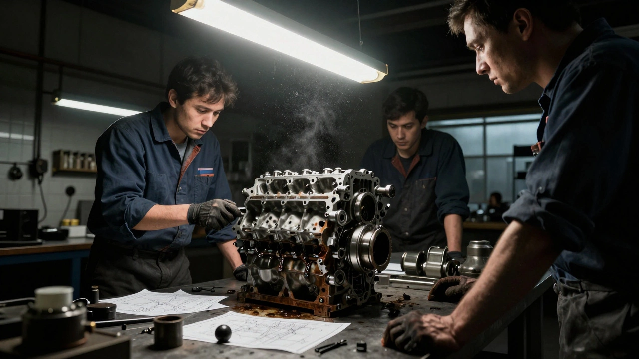 Engineers modifying a car engine for fuel efficiency in a workshop.