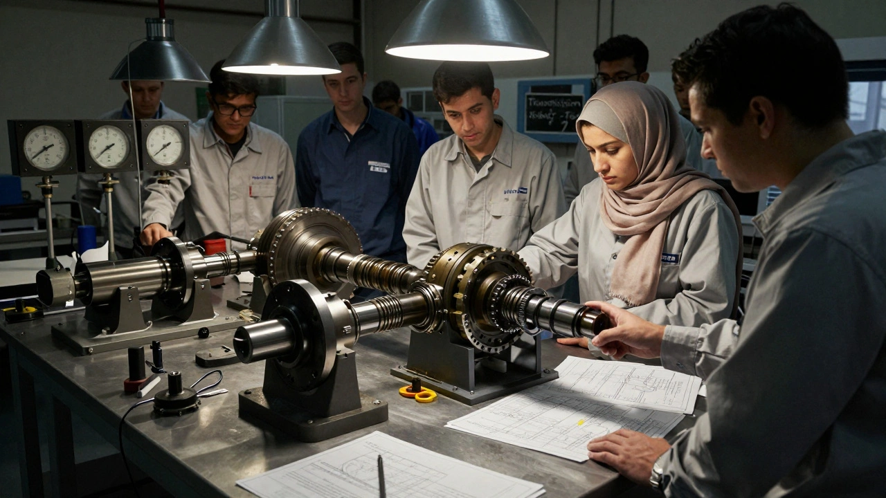 Engineers testing a gearbox prototype in a Vauxhall-funded university lab with instruments and blueprints.