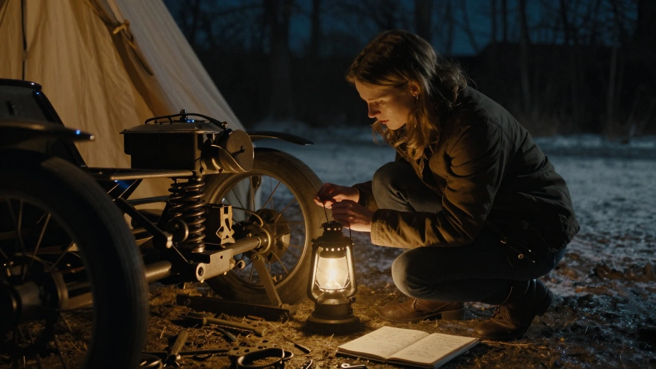 Evelyn Ellis working by lantern light on his Panhard's modified axle, surrounded by tools and an open notebook.
