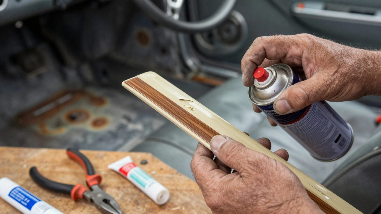Hands restoring vintage car interior parts with tools and adhesive on workbench.
