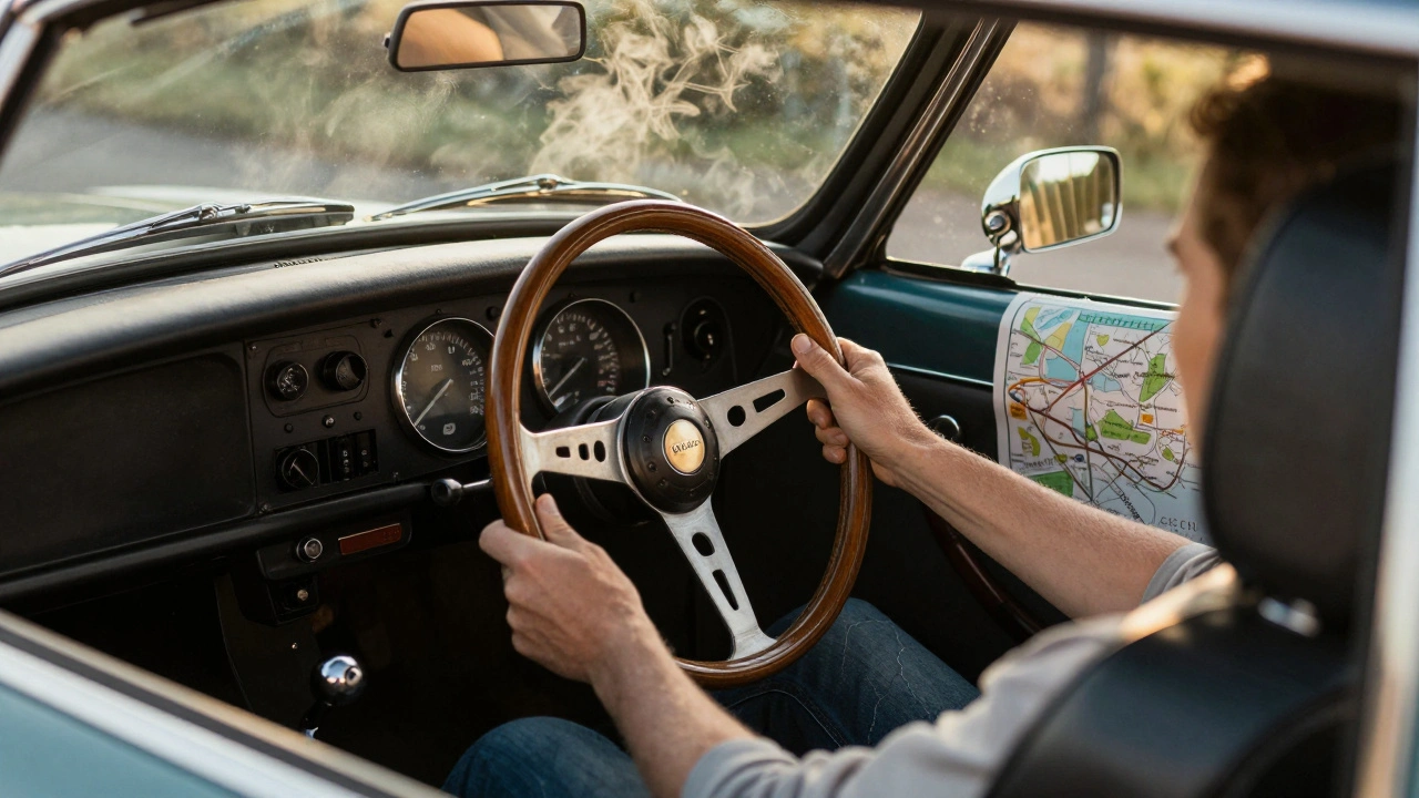 Interior of a 1978 MG MGB GT with driver’s hands on the wheel and steam rising from the radiator.