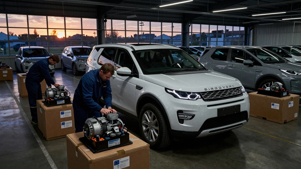 Land Rover hybrid powertrain being installed on a UK assembly line with regulatory labels.