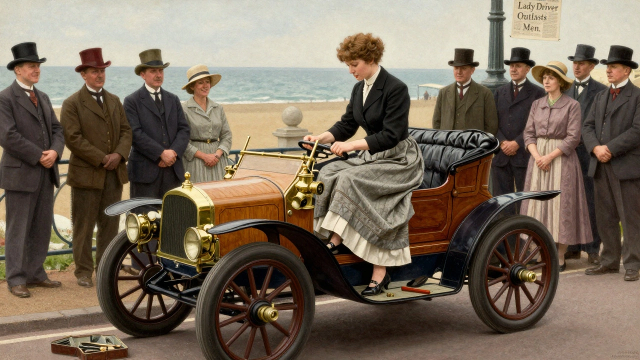 Mrs. Violet Birkin fixing her Napier car by the roadside in 1903, as a crowd watches in surprise.