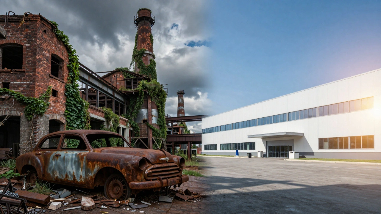 Rusted automobile body frame leaning against a modern factory wall