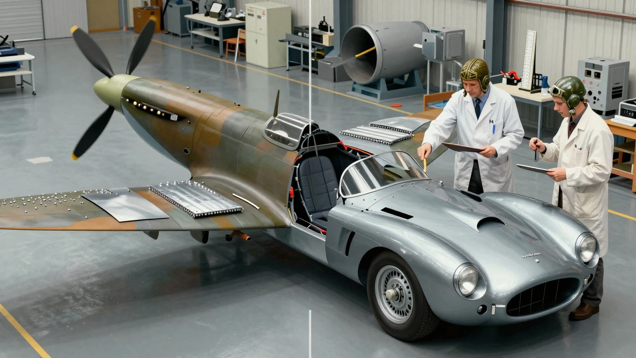 Split illustration showing Spitfire wing construction alongside Jaguar C-Type monocoque assembly by engineers.