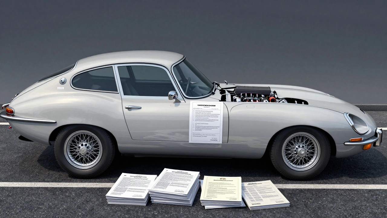 Split-image of modern regulated British EV versus classic Jaguar, burdened by compliance documents.